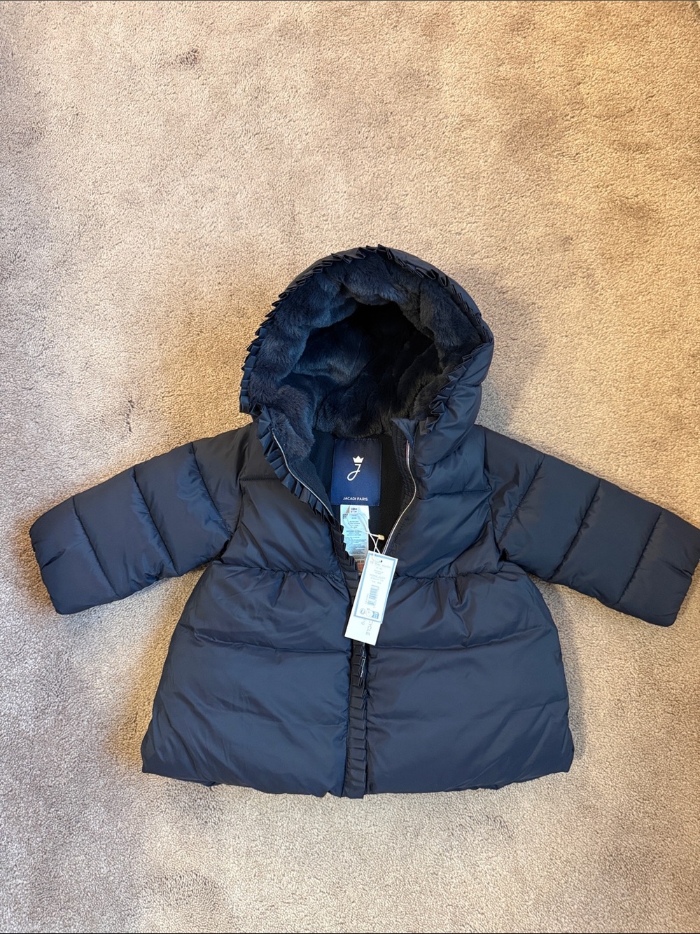 Jacadi Navy Hooded Puffer Coat with Faux-Fur Trim